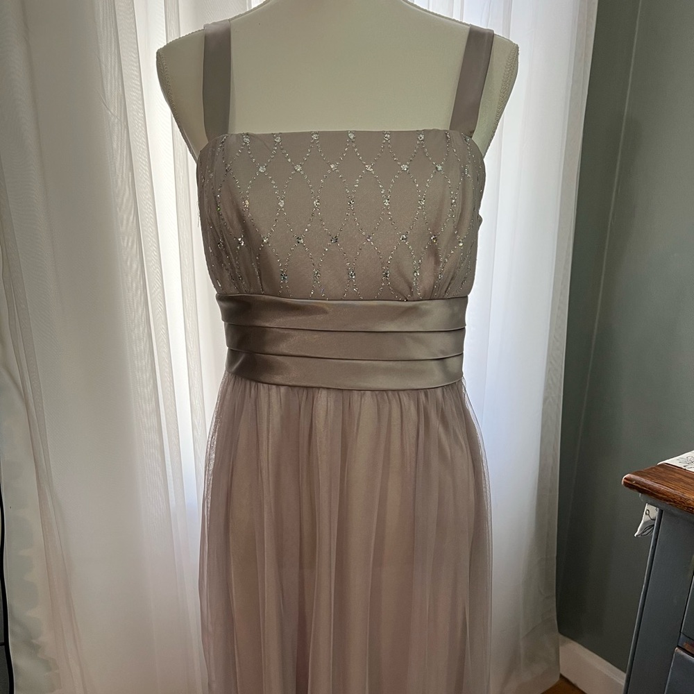 Beautiful taupe dress. Sheer overlay with sparkles on bust and trim. Woman’s 10